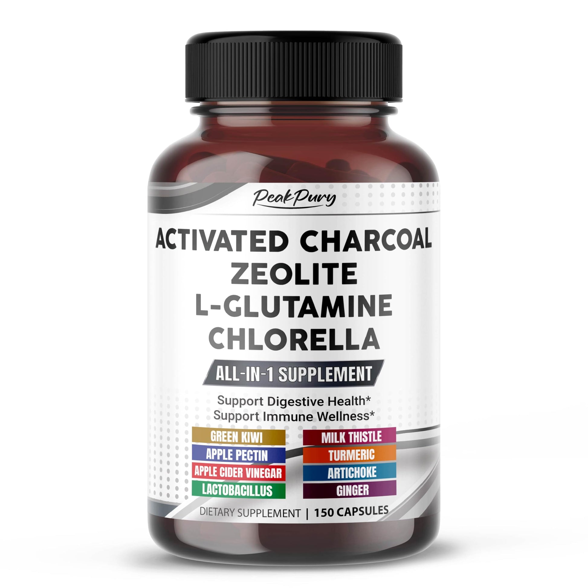 PEAKPURY Premium All-in-1 Activated Charcoal, Zeolite, L-Glutamine & Chlorella, 150 Capsules
