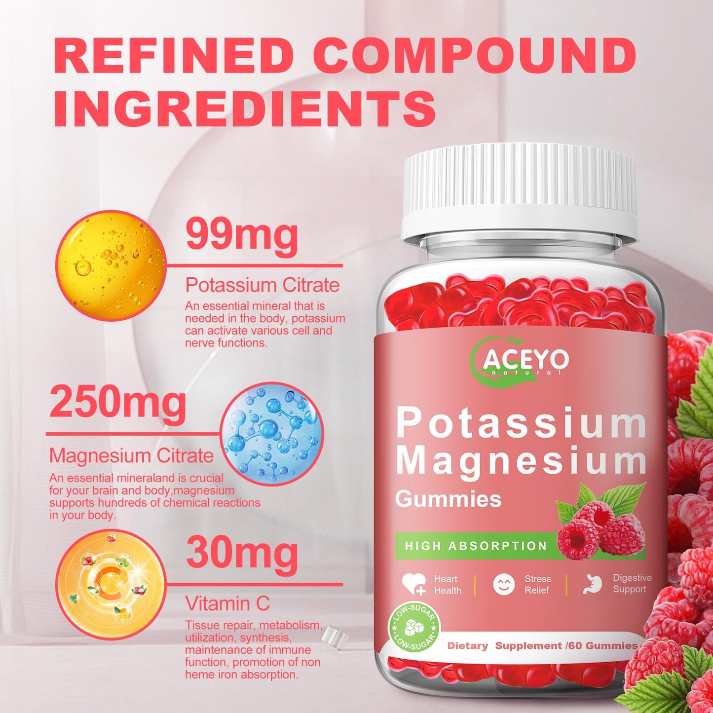 ACEYO Potassium Magnesium Gummies, 120 Count