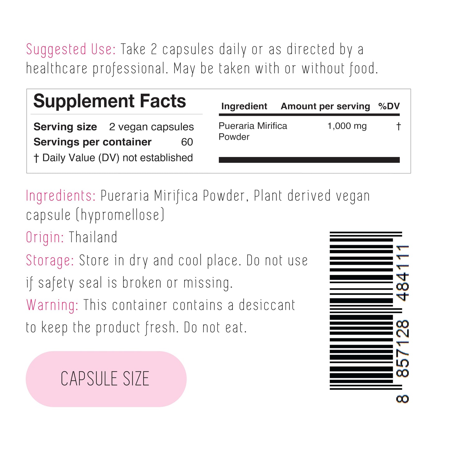 Incas by Asiya Life Pueraria Mirifica Root Extract Powder Capsules, 1000 mg per serving, 120 Count