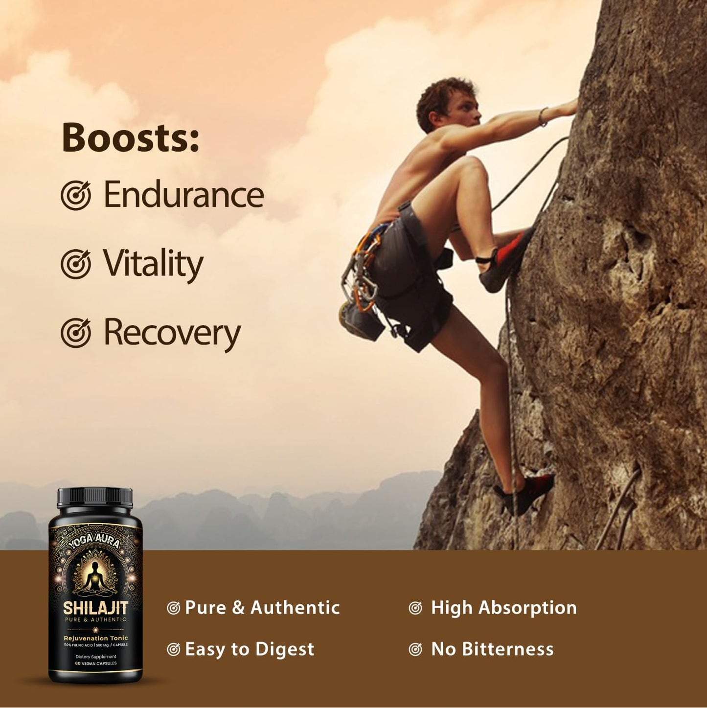 YOGA AURA Shilajit Resin Extract 500mg Capsules, 60 Count