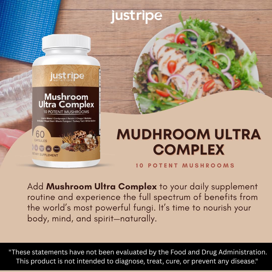 Just Ripe Nutrition Mushroom Ultra Complex Reishi, Cordyceps, Lions Mane & Shiitake Immune System Booster & Nootropic Brain Supplement - Enhance Memory and Focus - Stress Relief 60 Capsules