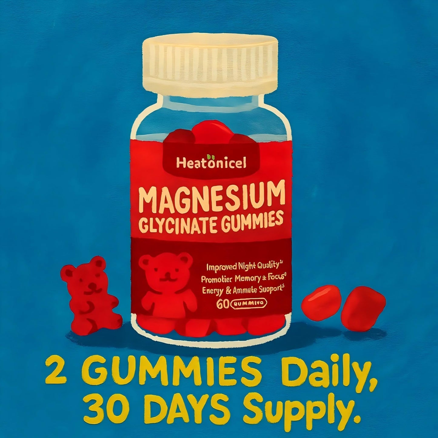 Heatonicel Magnesium Glycinate Gummies 400mg for Adults, CoQ10, Vitamin D & B6, Sleep Support, Bone & Memory Focus, Strawberry Yogurt Flavor, 60 Count