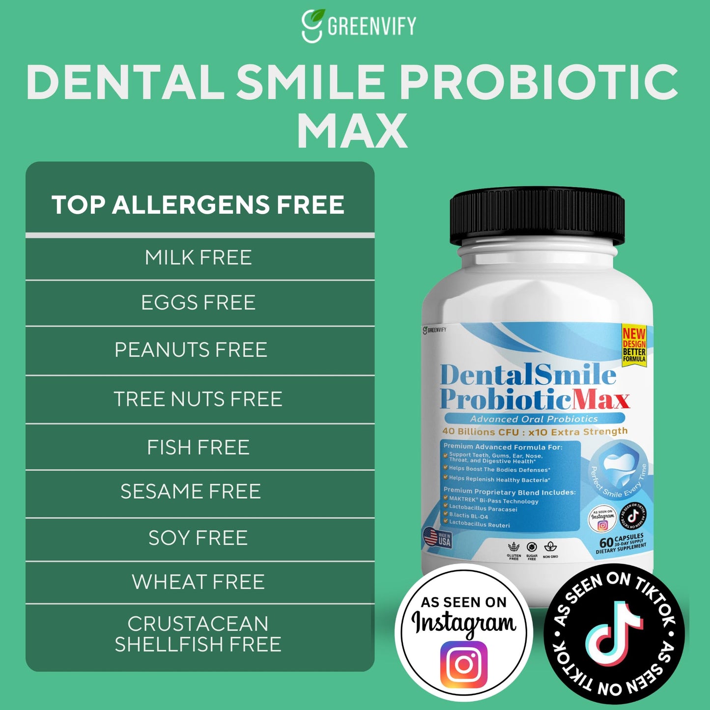 GREENVIFY DentalSmile ProbioticMax, Advanced Oral Probiotic Supplement, 180 Capsules
