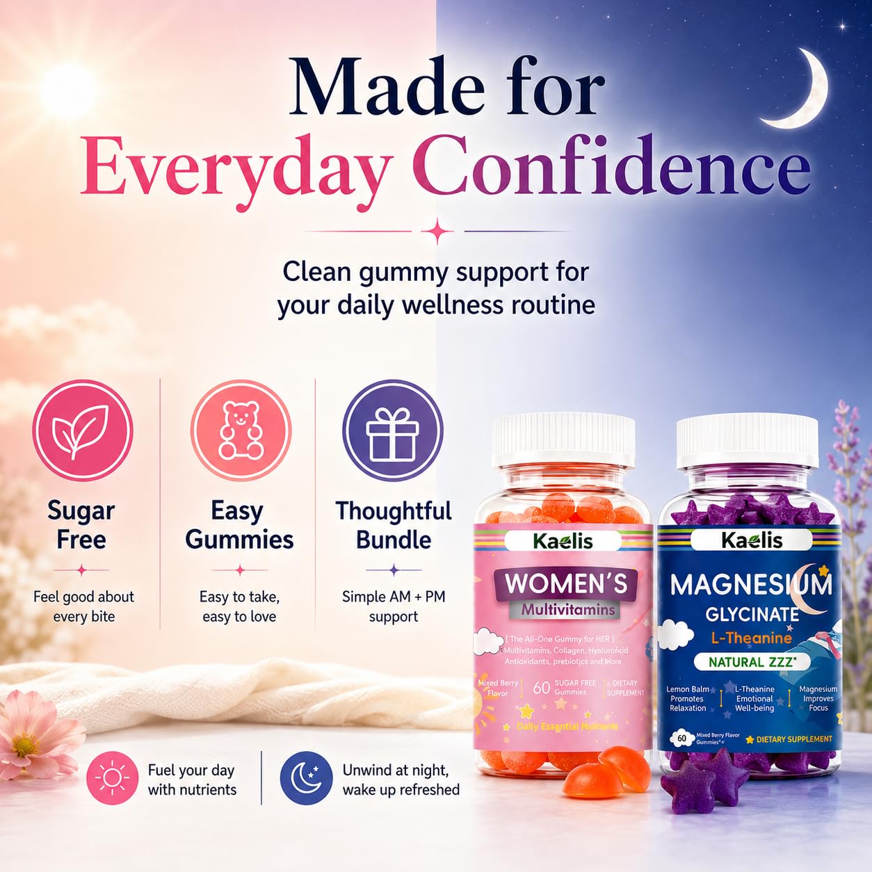 Kaelis Women's AM PM Multivitamin & Magnesium Glycinate Gummies, 120 Count