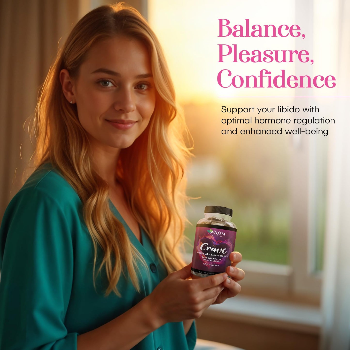Waòm Wellness Crave – Women’s Desire Booster with Maca, Ashwagandha & L-Theanine – Natural Energy, Mood & Hormone Balance Support – 60 Vegan Capsules