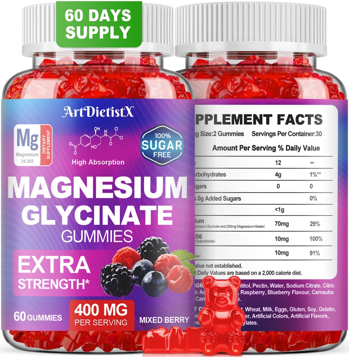 ArtDietistX Magnesium Glycinate Gummies 400mg, 60 Gummies