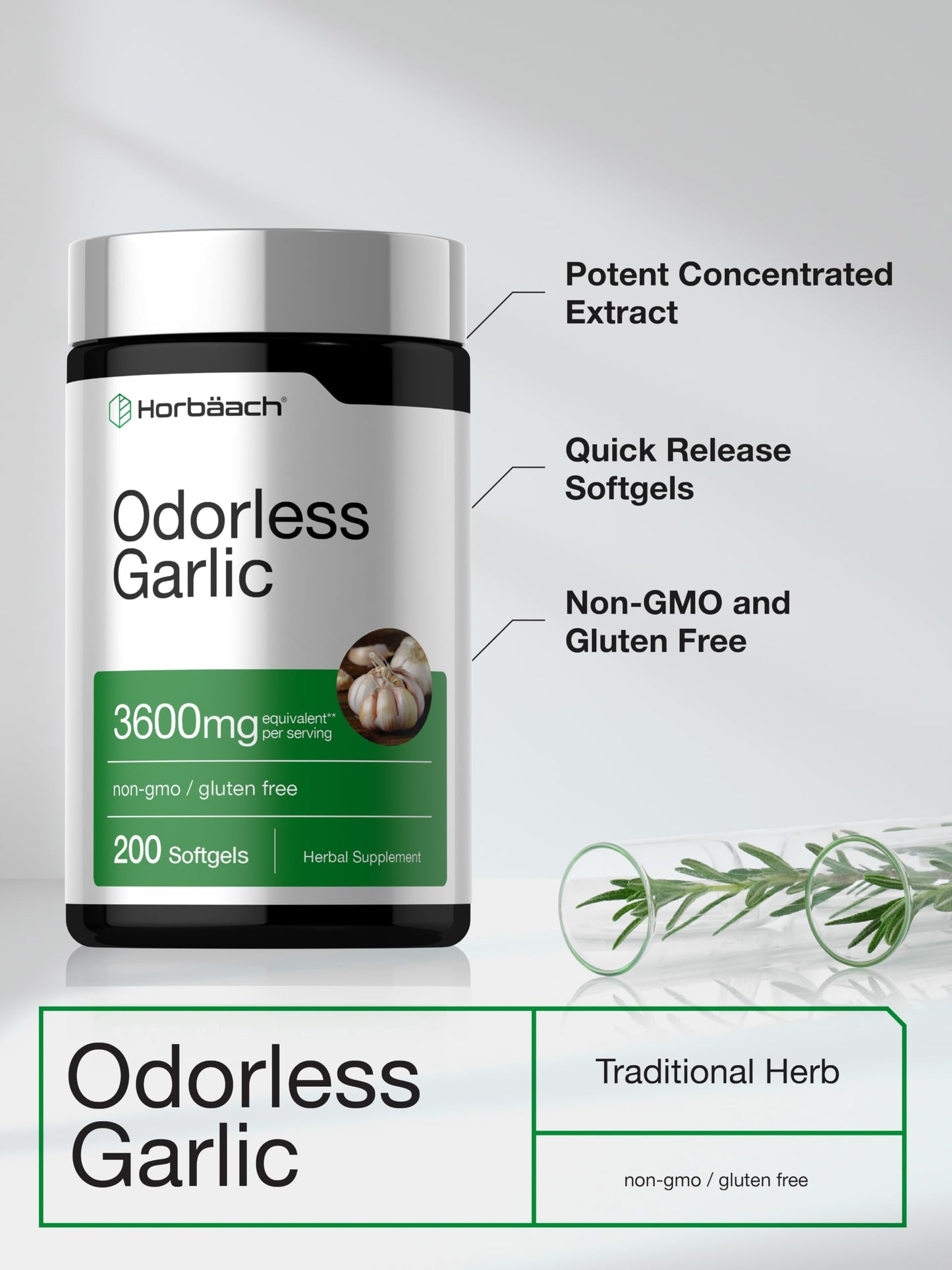 Horbäach Odorless Garlic Softgel Supplement, 200 Softgels