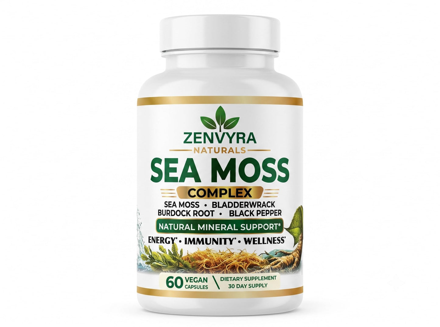 Zenvyra Naturals Organic Sea Moss Capsules with Bladderwrack & Burdock Root, 90 Capsules