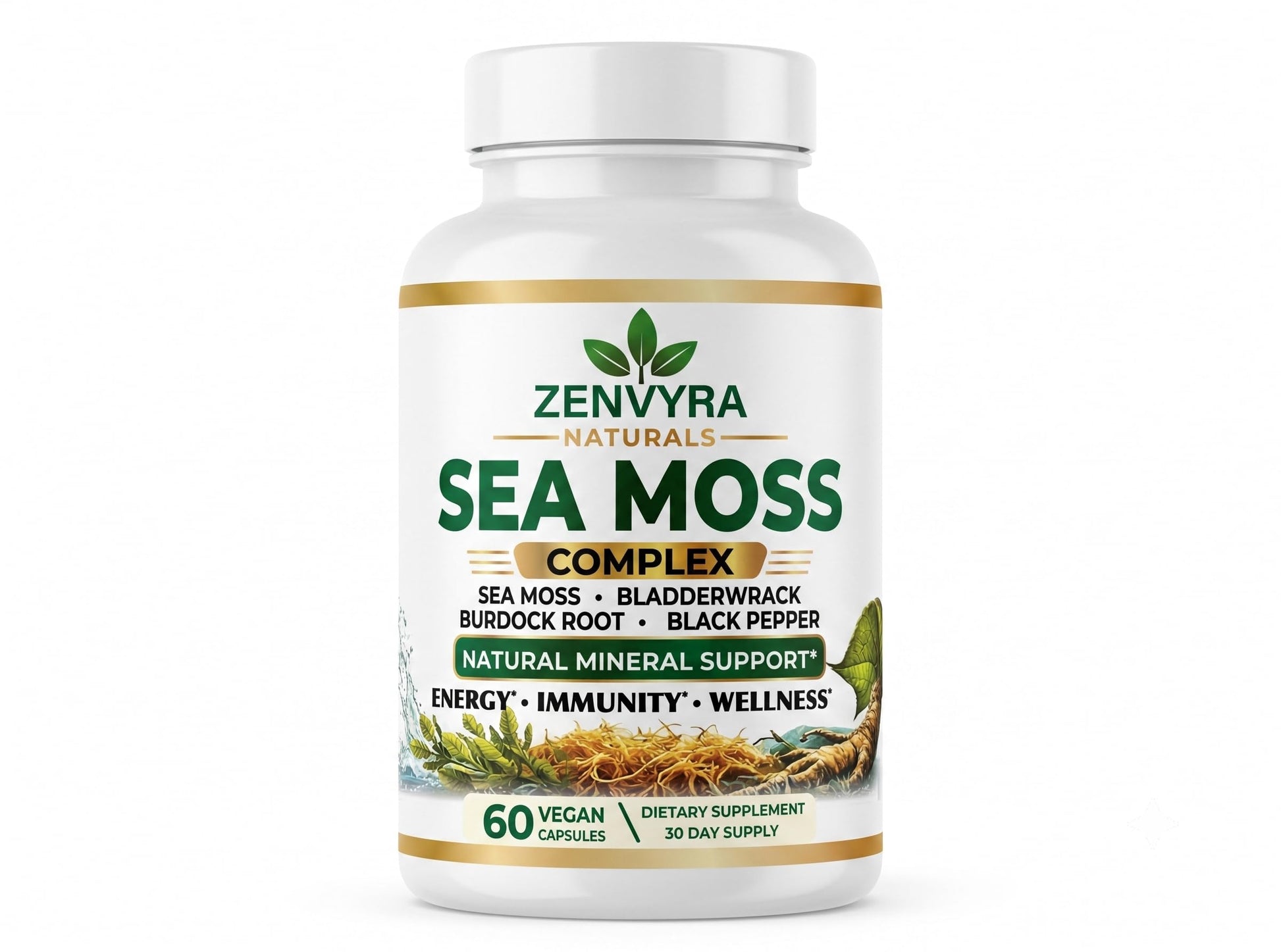 Zenvyra Naturals Organic Sea Moss Capsules with Bladderwrack & Burdock Root, 90 Capsules