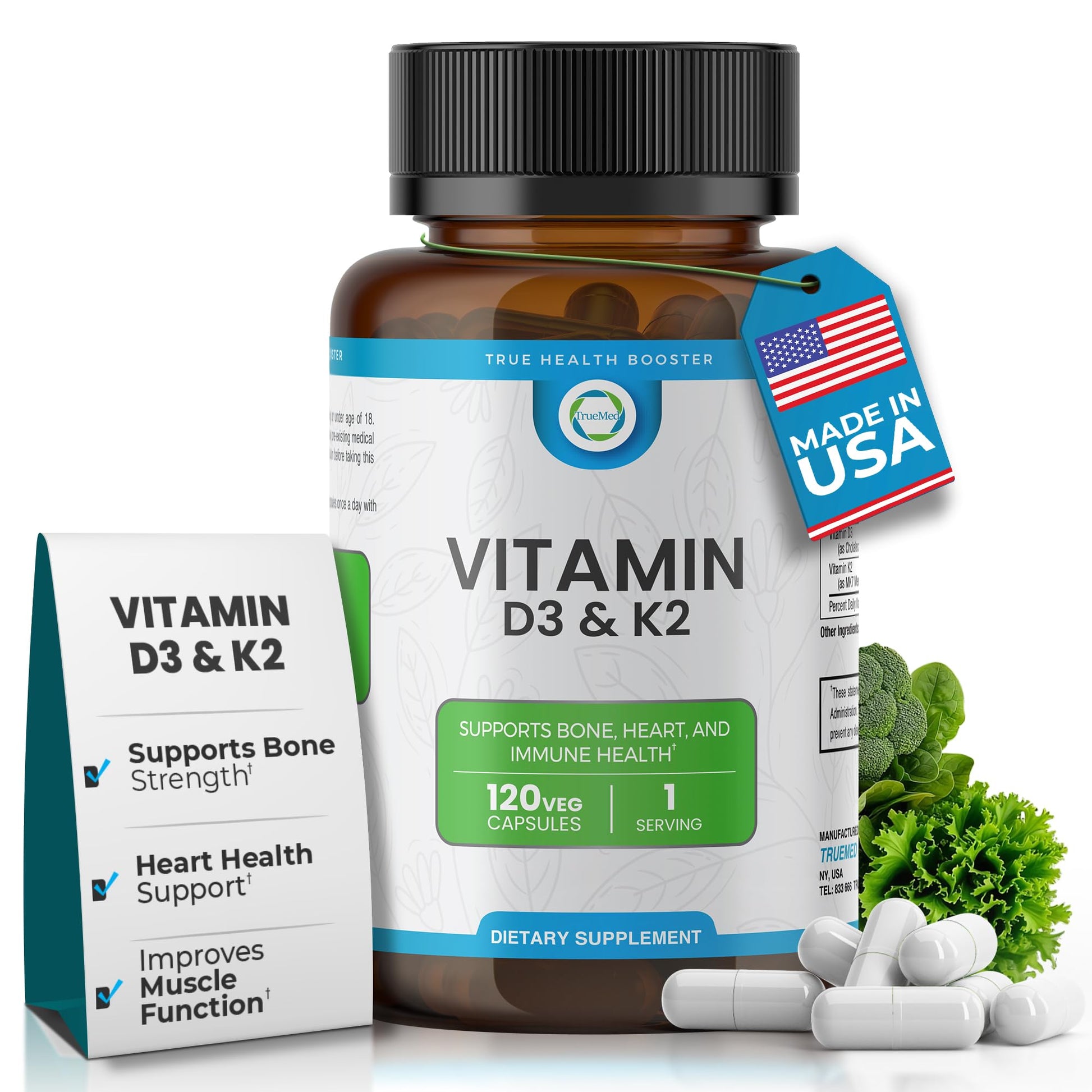TRUEMED Vitamin D3 K2 5000 IU MK-7 90 mcg Veg Capsules, 120 Count