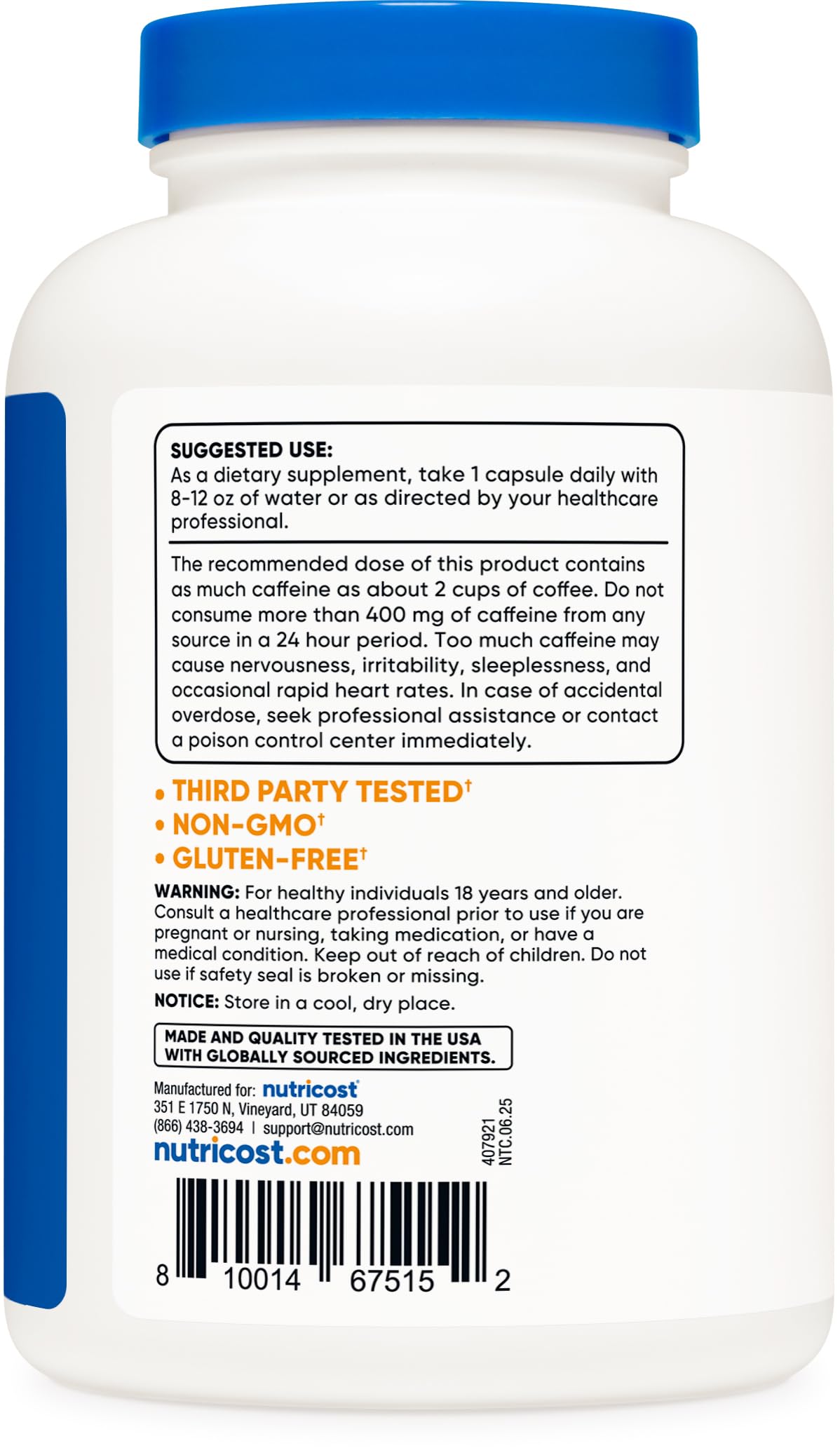 Nutricost Caffeine Pills 200mg Capsules, 1500 Capsules