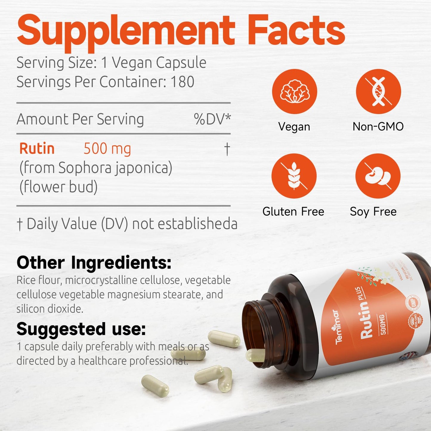 Temimar Rutin 500mg Capsule, 180 Count