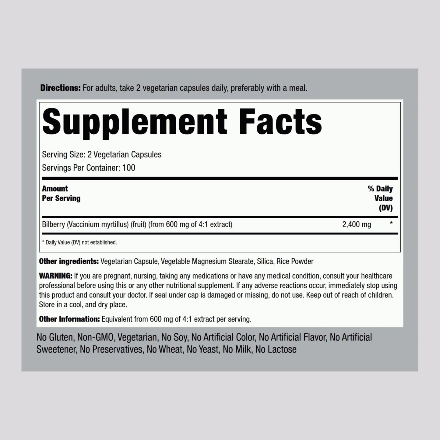 Piping Rock Bilberry Extract 2400 mg per serving Capsules, 200 Count
