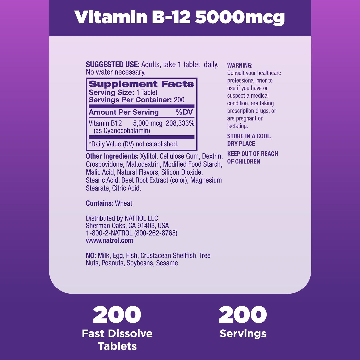 Natrol Vitamin B12 5000 mcg Fast Dissolve Tablet, 200 Tablets