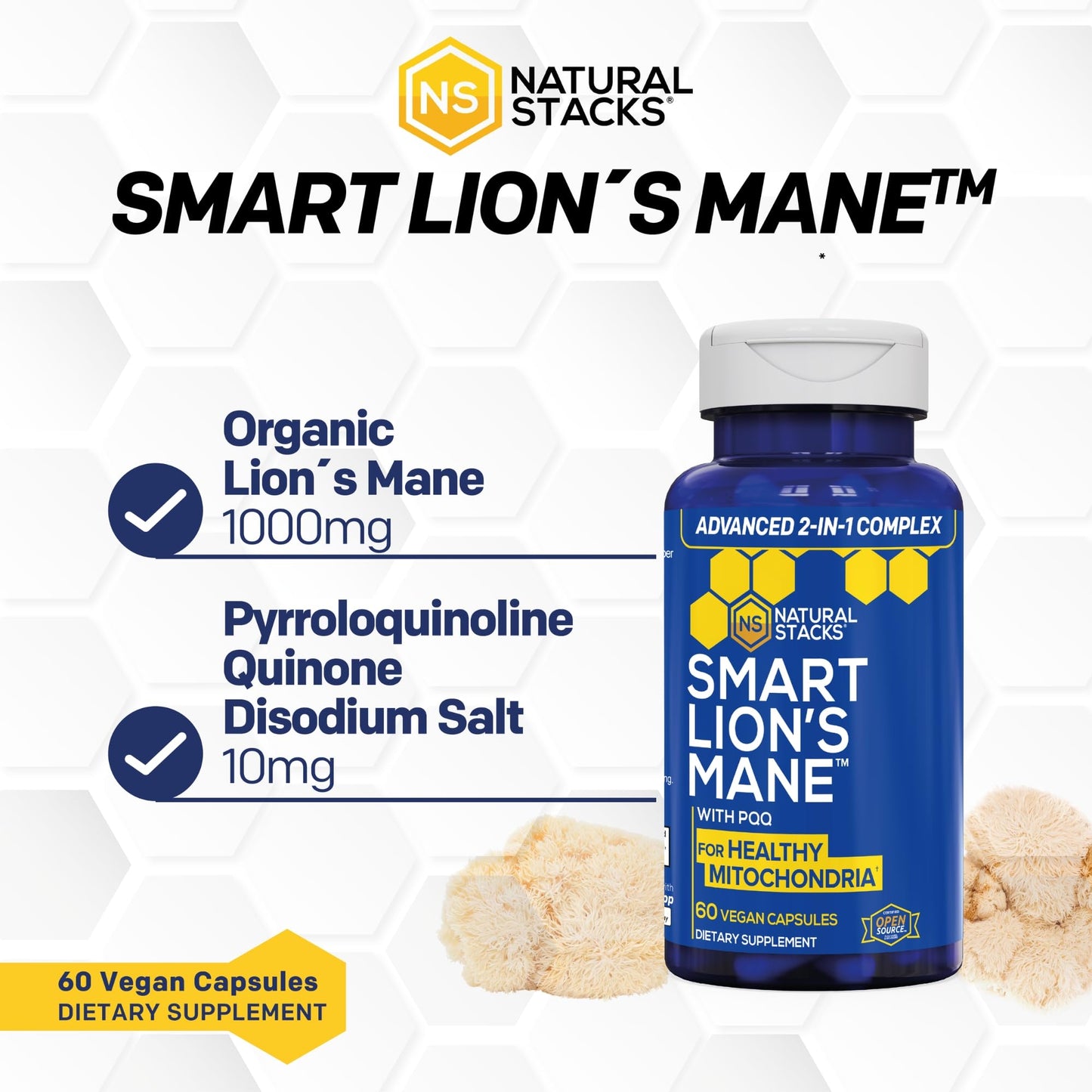 NATURAL STACKS Organic Lions Mane Supplement Capsules 1000mg Lions Mane Mushroom with 10mg PQQ, 60 Capsules