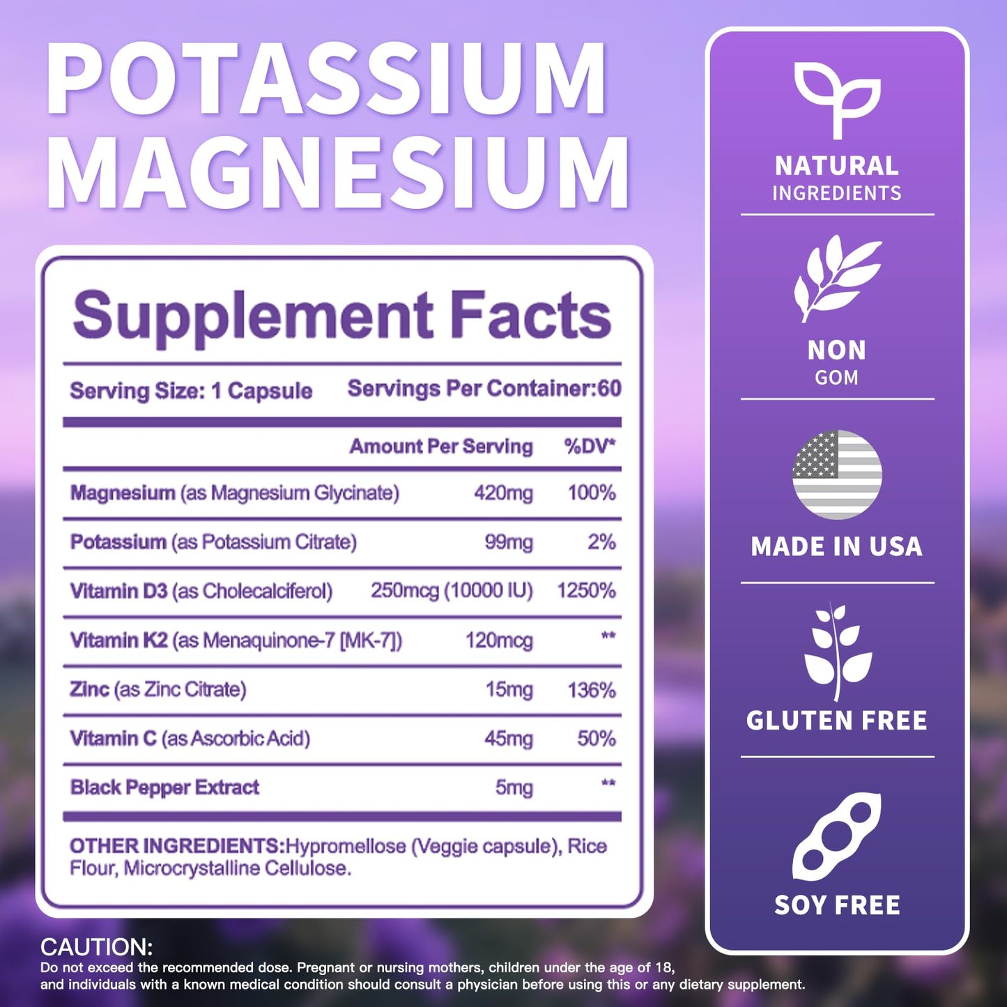 SUWENY Magnesium Potassium D3 K2 10000IU Supplement Capsules, 60 Count