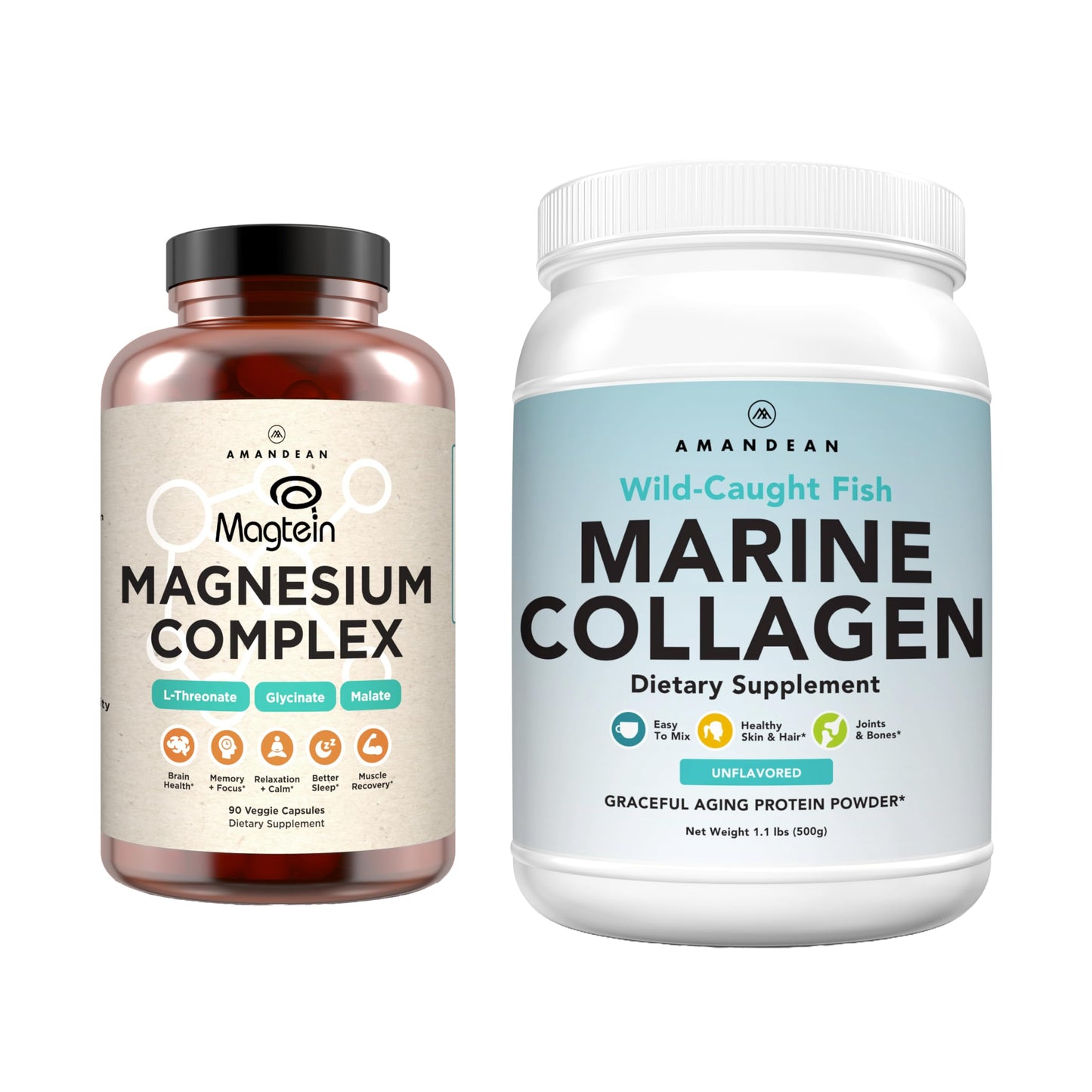 AMANDEAN Premium Magnesium Complex & Marine Collagen Bundle Capsules, 2-Pack