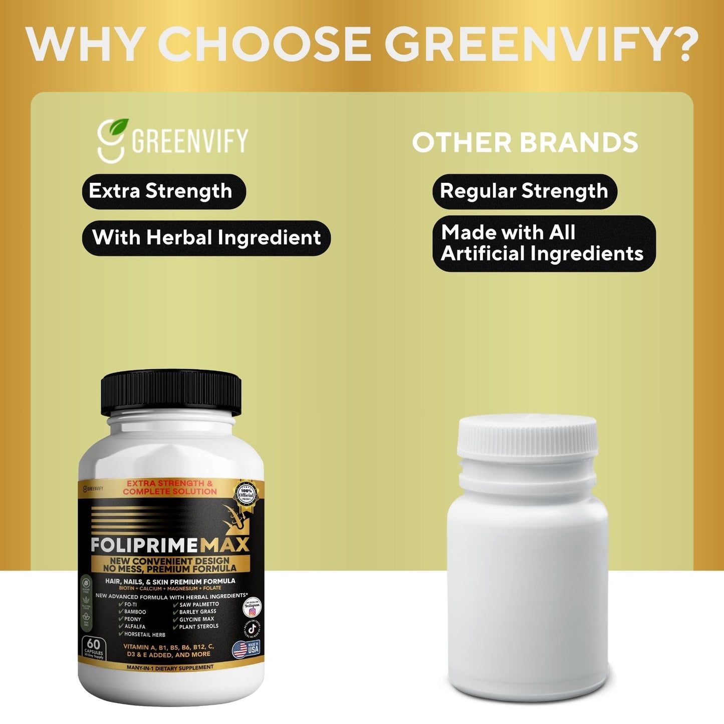 GREENVIFY Foliprime Max Hair, Nails & Skin Supplement with Biotin, Vitamins, Minerals & Herbal Blend, 60 Capsules