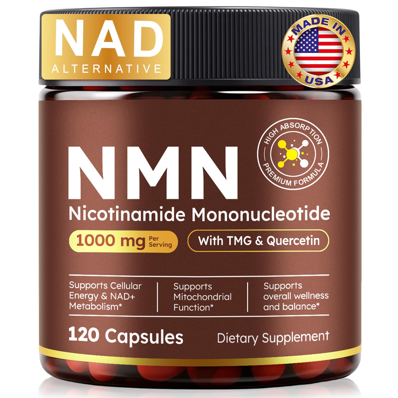 YJDHRPBI NMN Supplement, NAD+ Precursor, 10-in-1 with Nicotinamide Mononucleotide, Resveratrol, CoQ10, Quercetin & Glutathione, Supports Cellular Energy & Longevity, Capsule, 120 Count