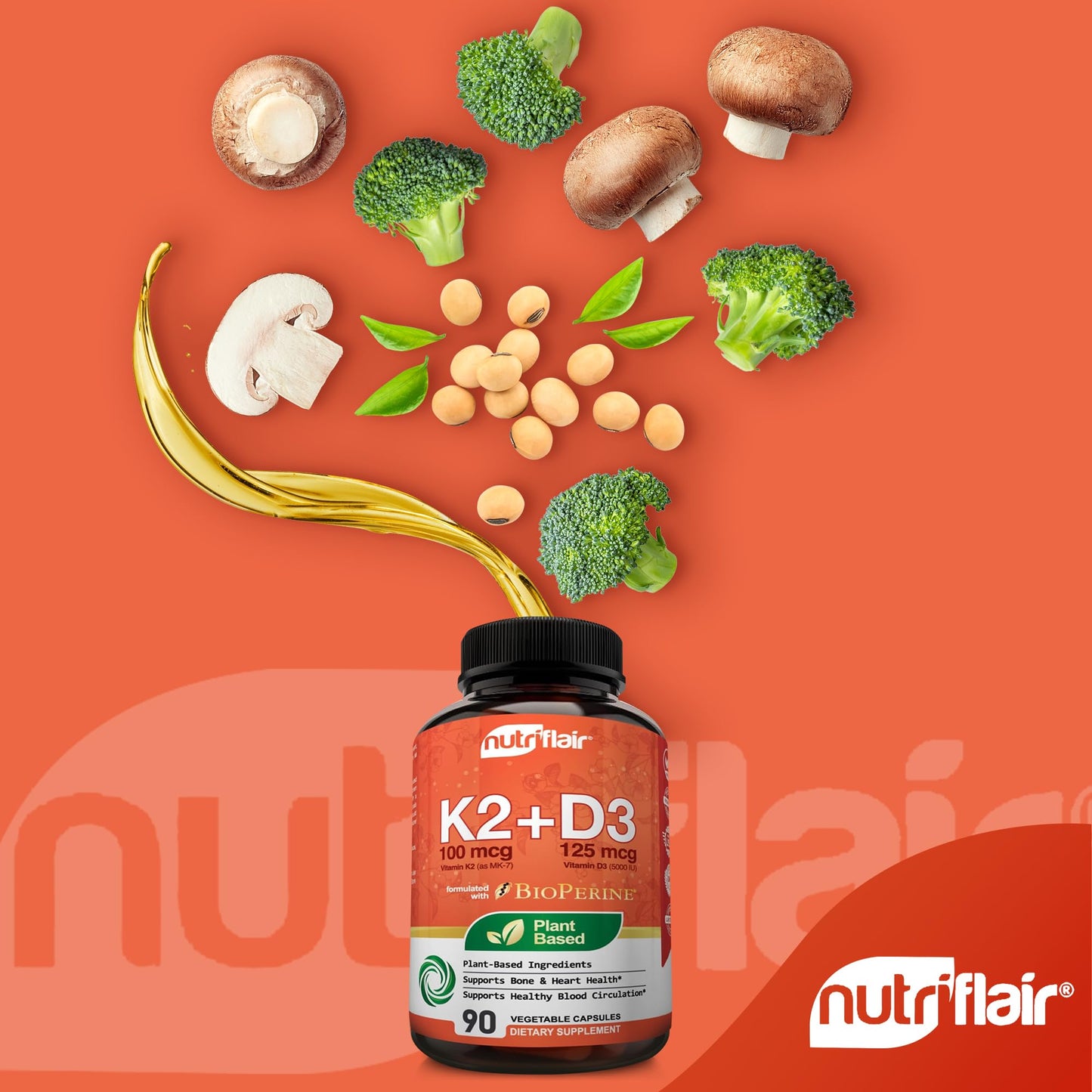 NutriFlair Vitamin D3 (5000iu/125mcg) + K2 (Mk7) Capsules, 90 Count