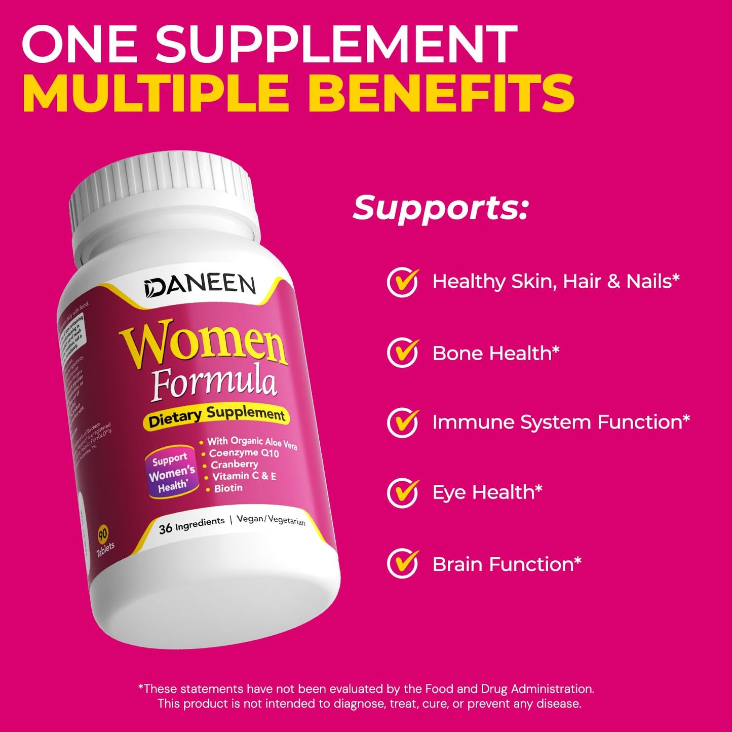 DANEEN Multivitamin for Women with Iron, Biotin, Zinc, B Complex, CoQ10, Cranberry & 36 Essential Vitamins 90 Tablets