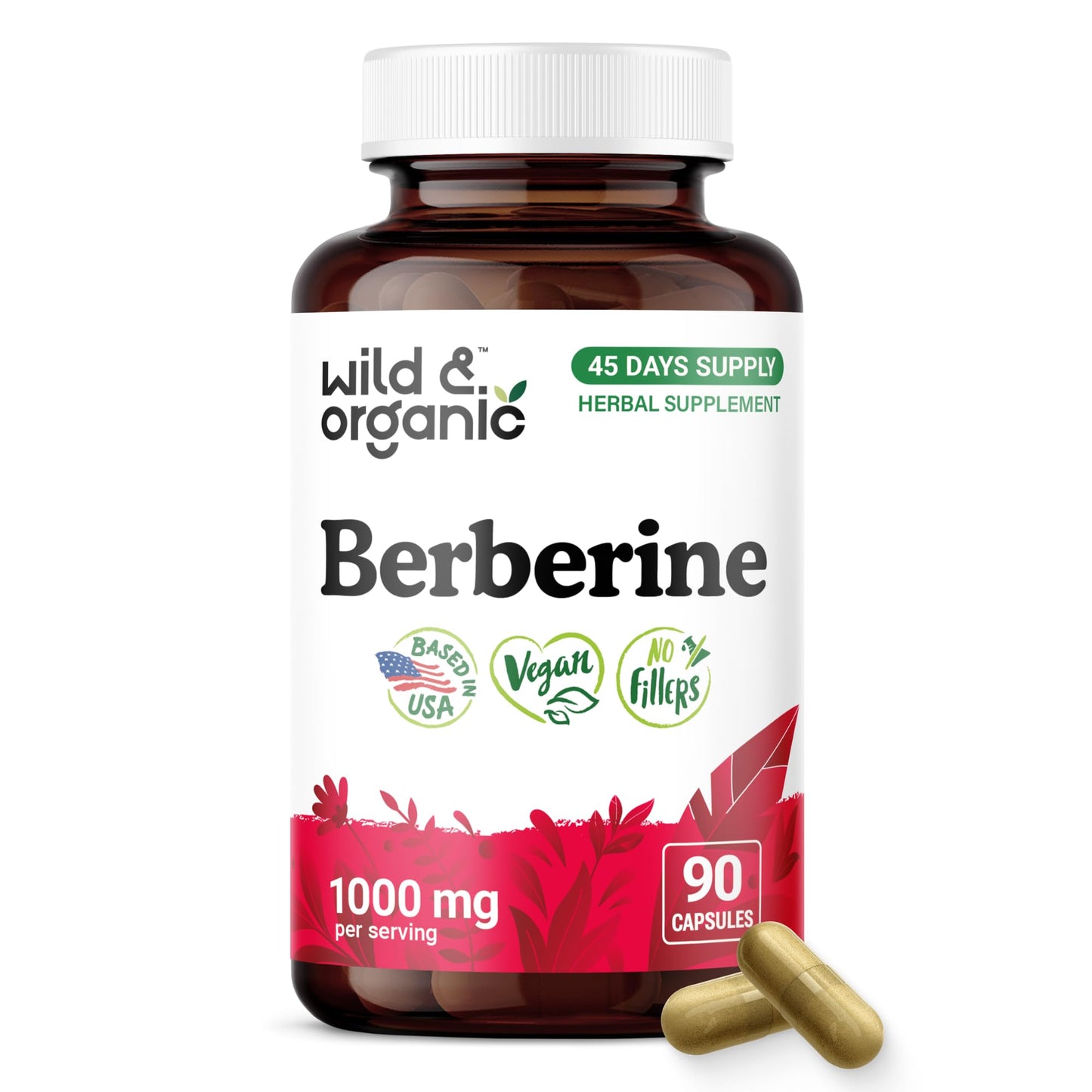 Wild & Organic Berberine Capsules 1000 mg - Antioxidant & Overall Support - 90 Count