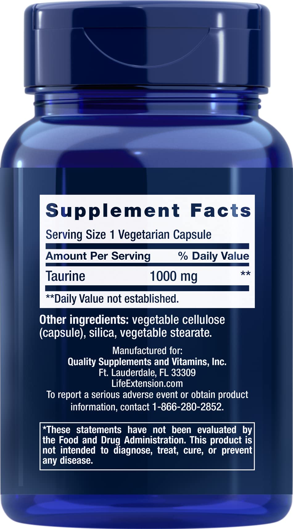Life Extension Taurine 1,000 mg Vegetarian Capsules, 180 Capsules