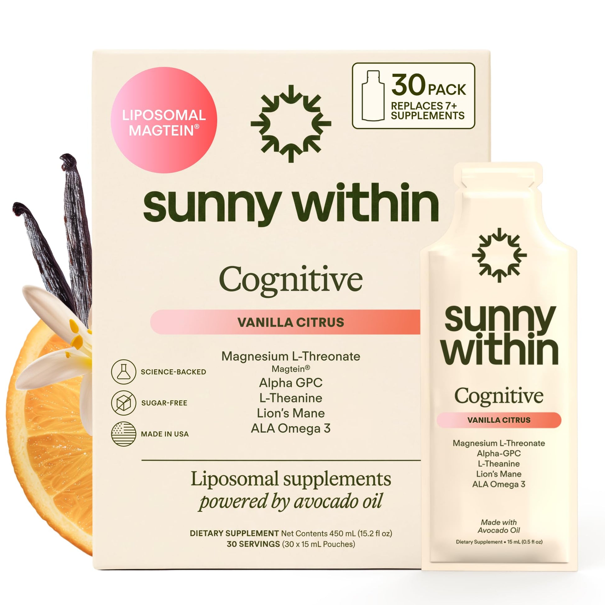 Sunny Within Brain Health Supplement Magnesium L-Threonate from Magtein®, Lion’s Mane, Alpha GPC, L-Theanine, ALA & Avocado Oil - Focus, Mood & Memory Support, 30 Tablets