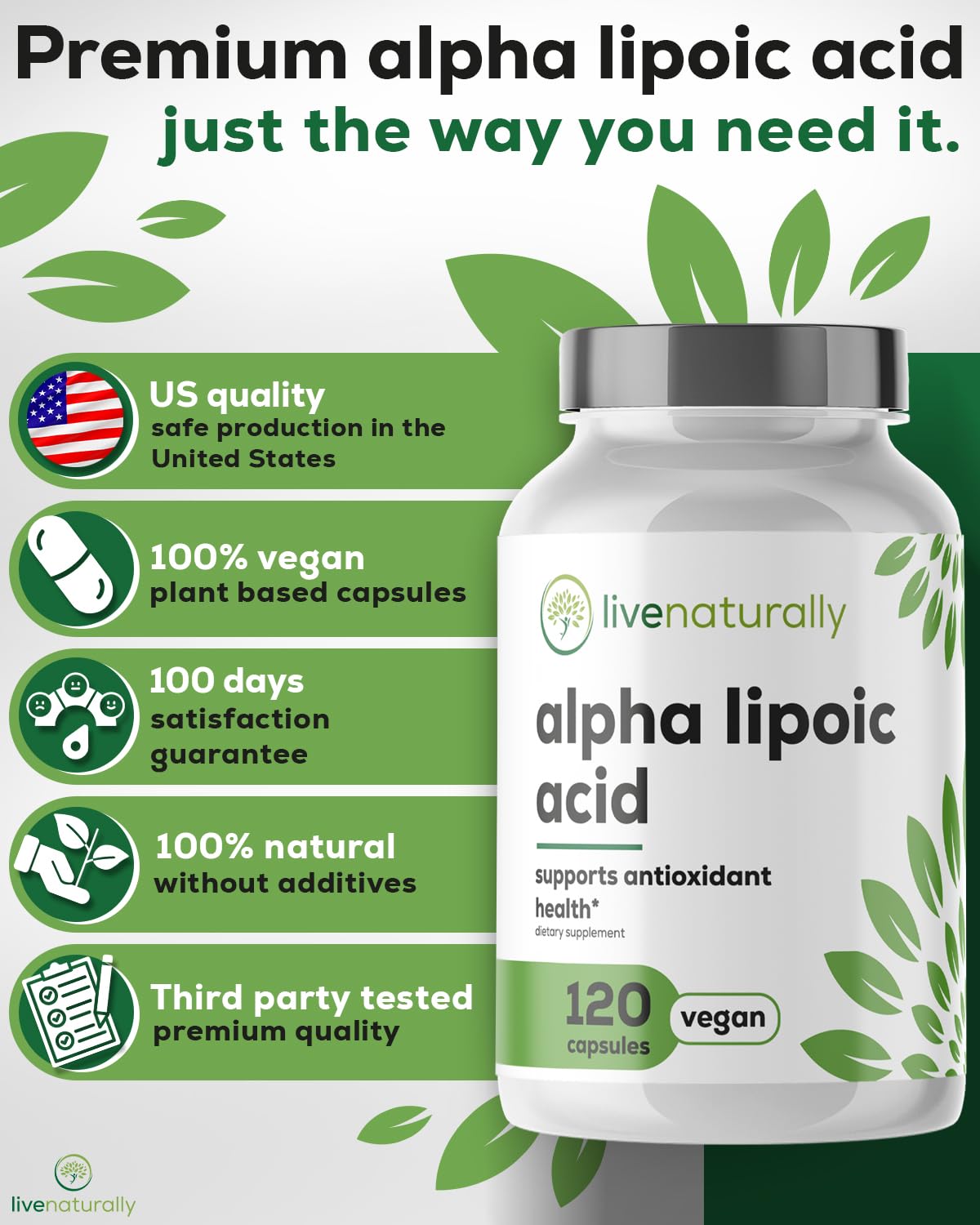 livenaturally Alpha Lipoic Acid 600mg Serving (300mg per Capsule) Capsules 120