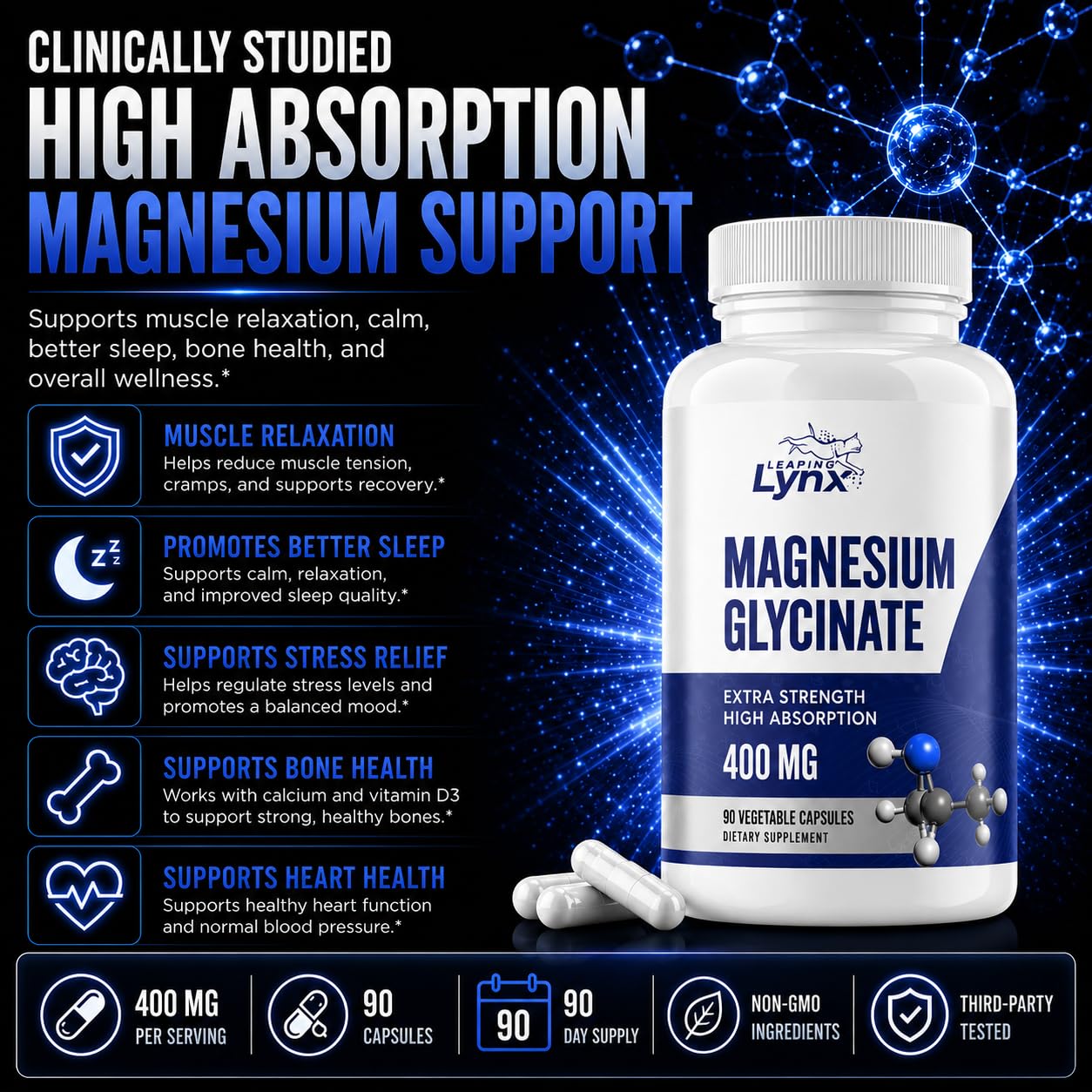 Leaping Lynx Magnesium Glycinate 400mg per Serving (60mg Elemental Magnesium), 90 Capsules