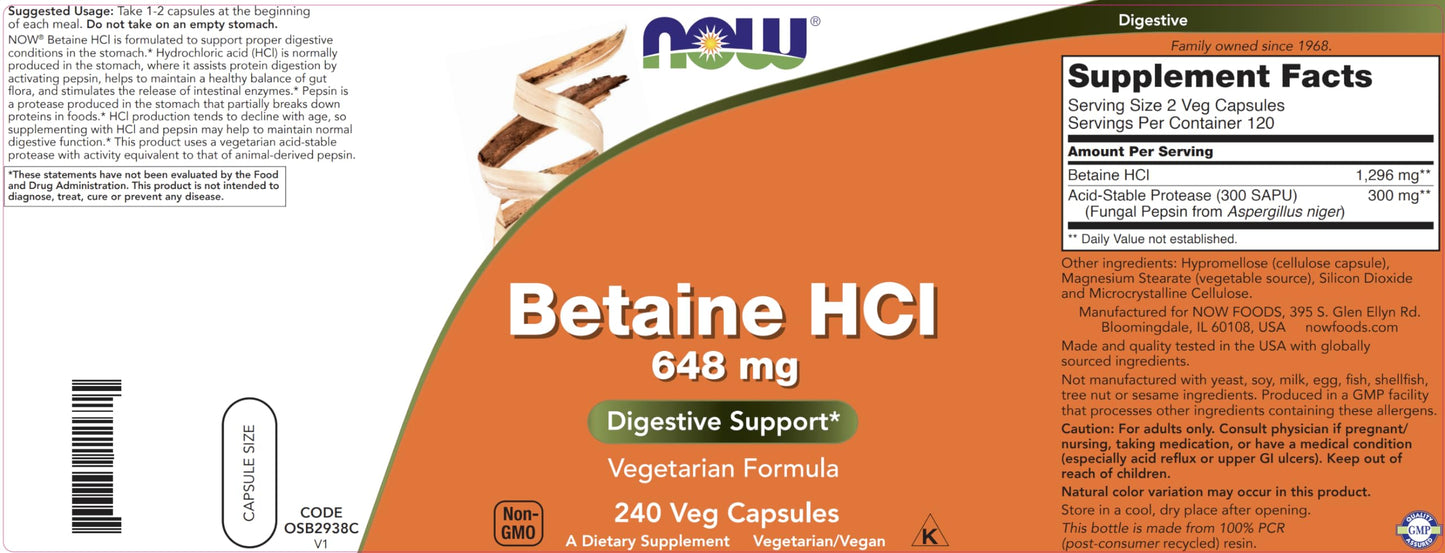 NOW Foods Betaine HCl 648mg Veg Capsules, 480 Capsules