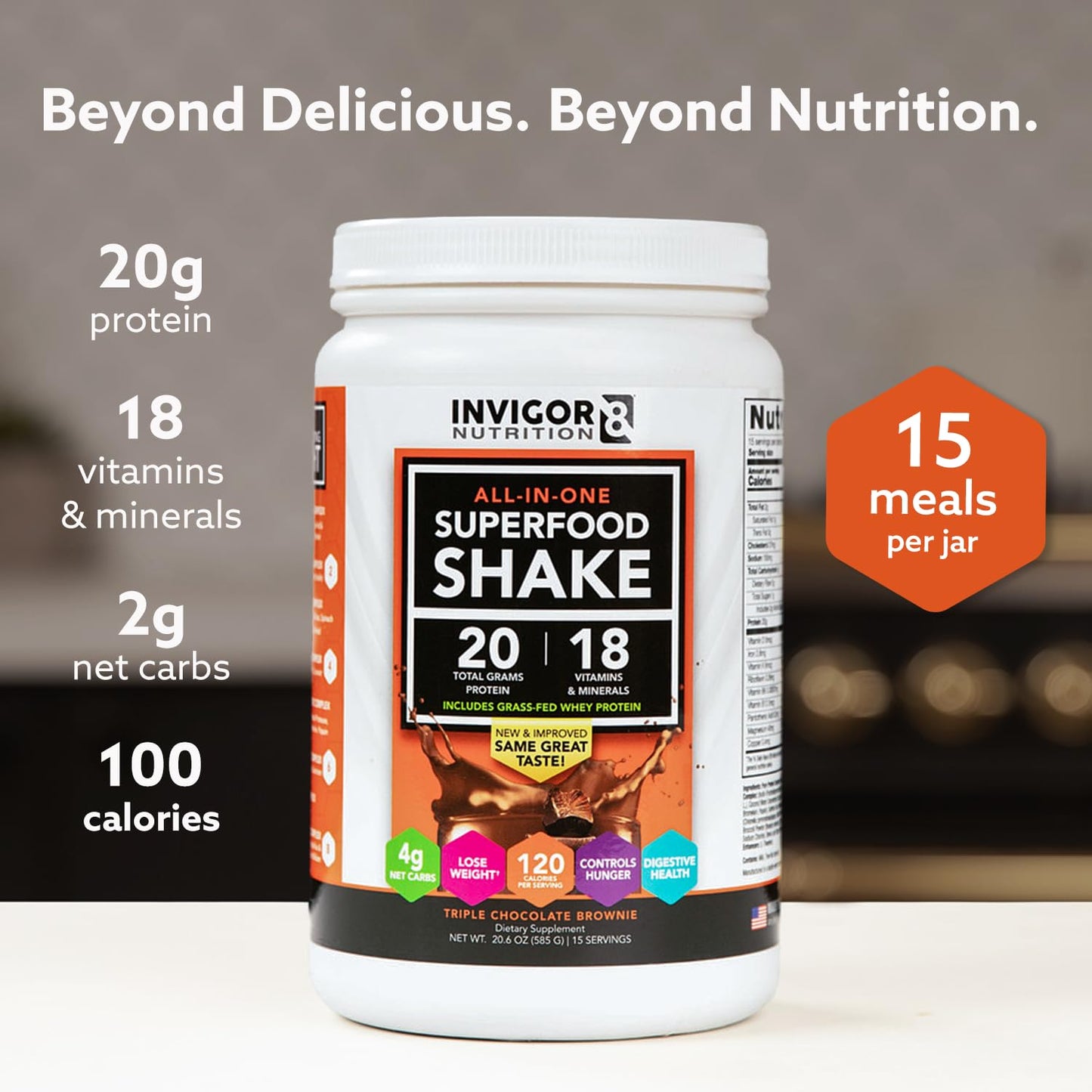 INVIGOR8 Superfood Grass Fed Whey Protein Isolate Shake Chocolate Brownie Powder 22.75 oz