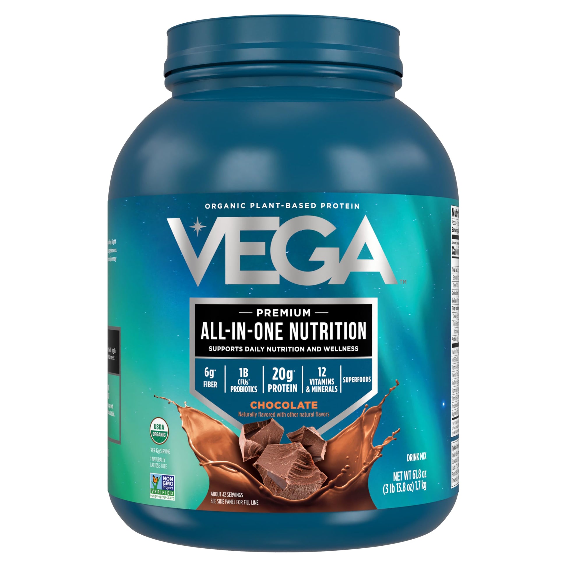 Vega All in One Nutrition Organic Plant-Based Protein Powder, Chocolate, 42 Servings per Container, 6-Pack