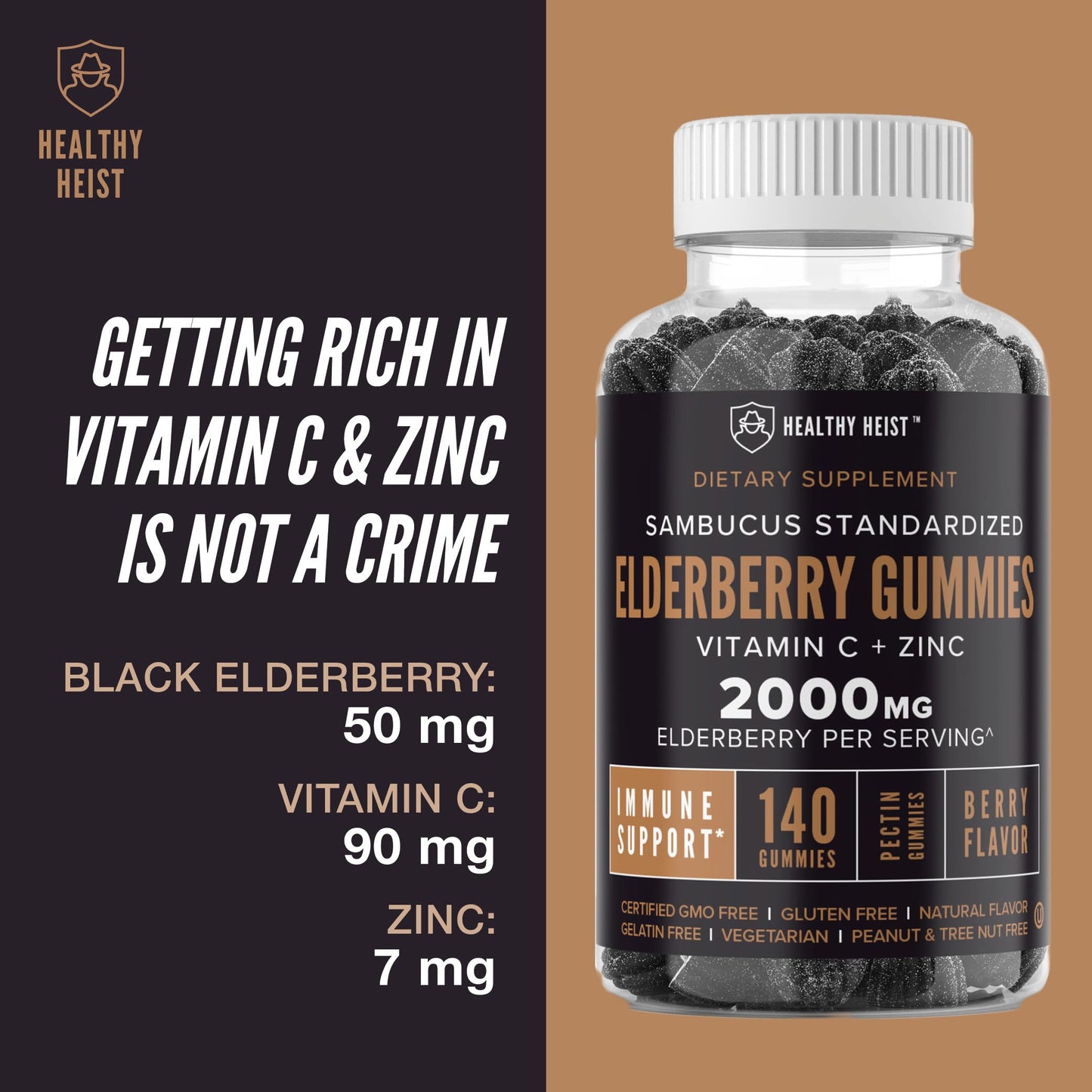 Healthy Heist Sambucus Black Elderberry Gummies, Zinc, Vitamin C, 140 Count
