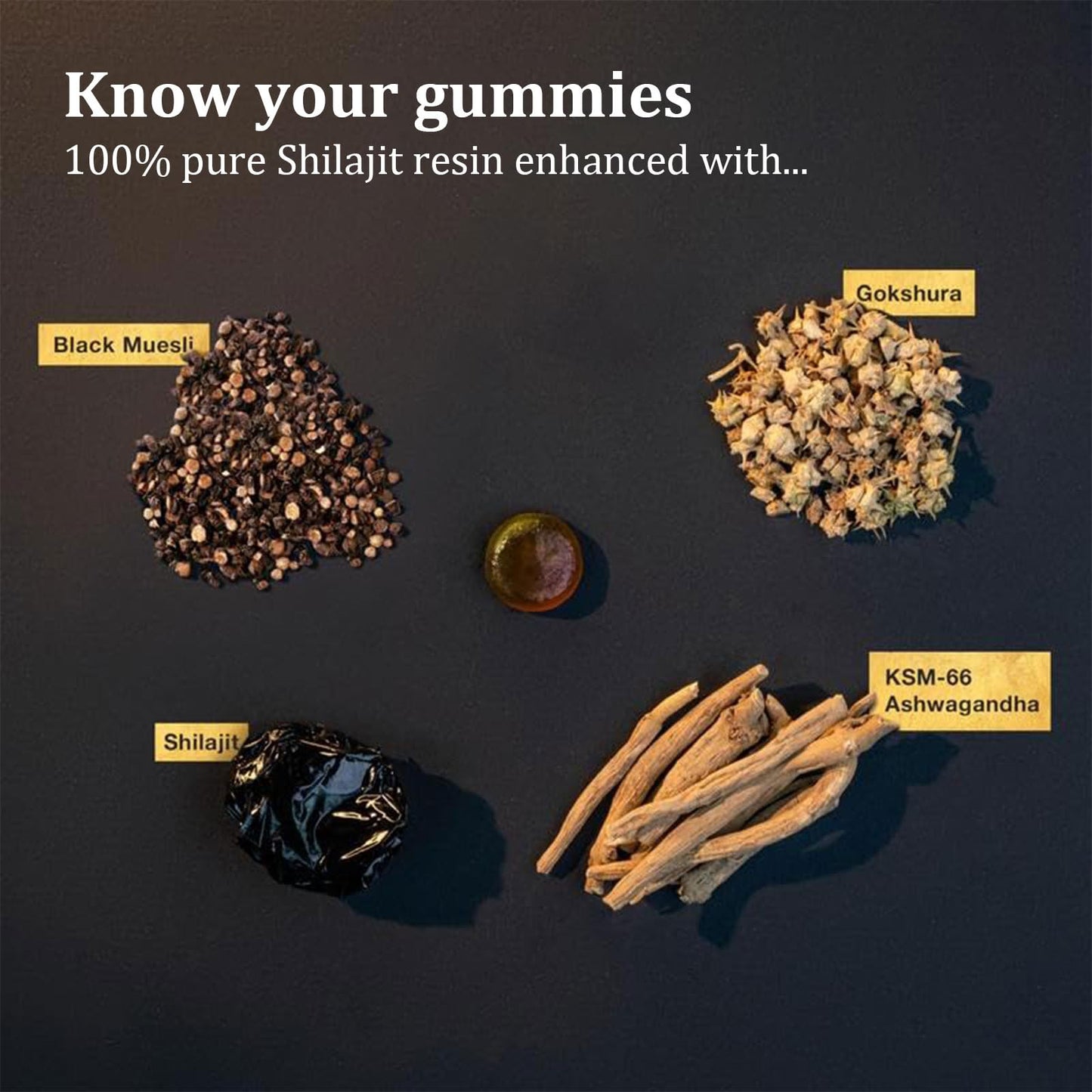 Hanachi Shilajit Gummies Alpha Gummies for Men Lab Tested No Added Sugar Ashwagandha, Gokshura Fulvic Acid & 85+ Trace Minerals for Men, Women Non-GMO, 60 Gummies