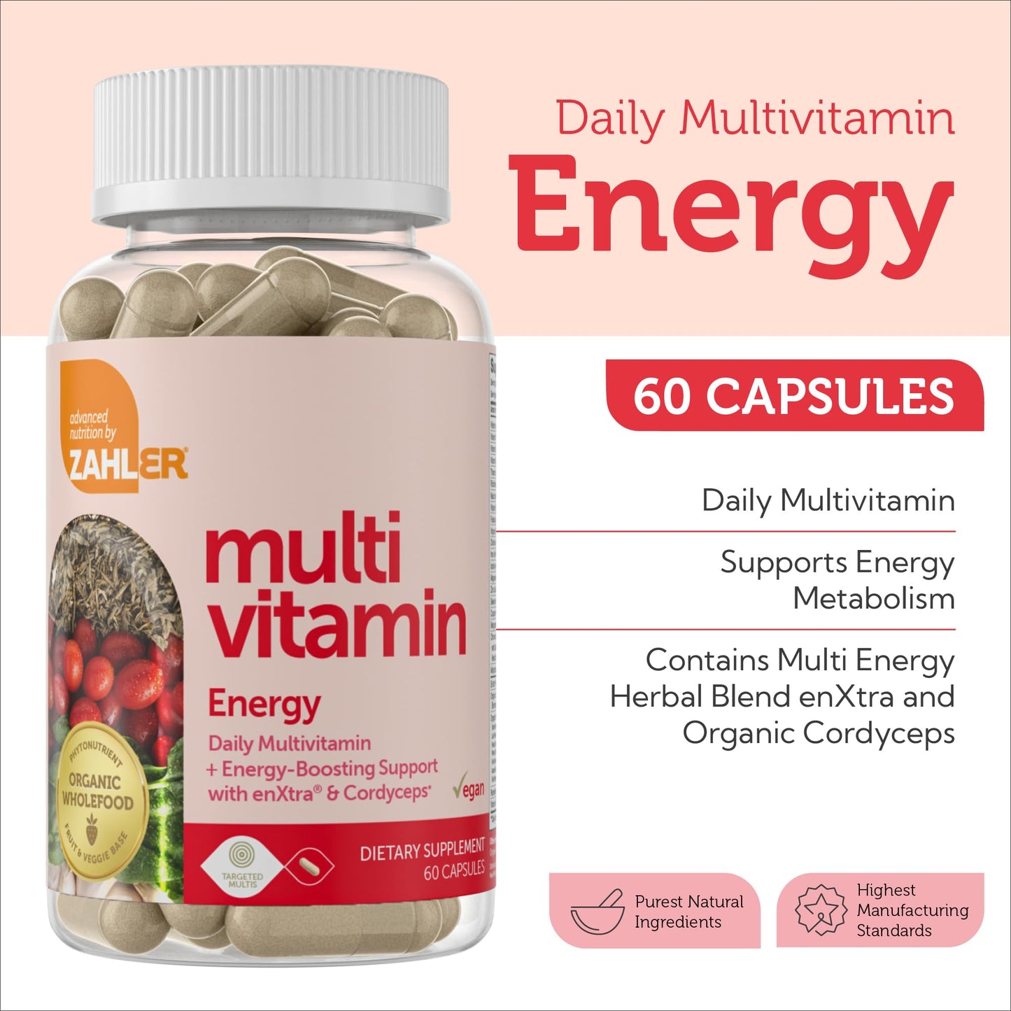 Zahler Daily Multivitamin for Women & Men with Energy Vitamins, Minerals & Iron, 60 Capsules