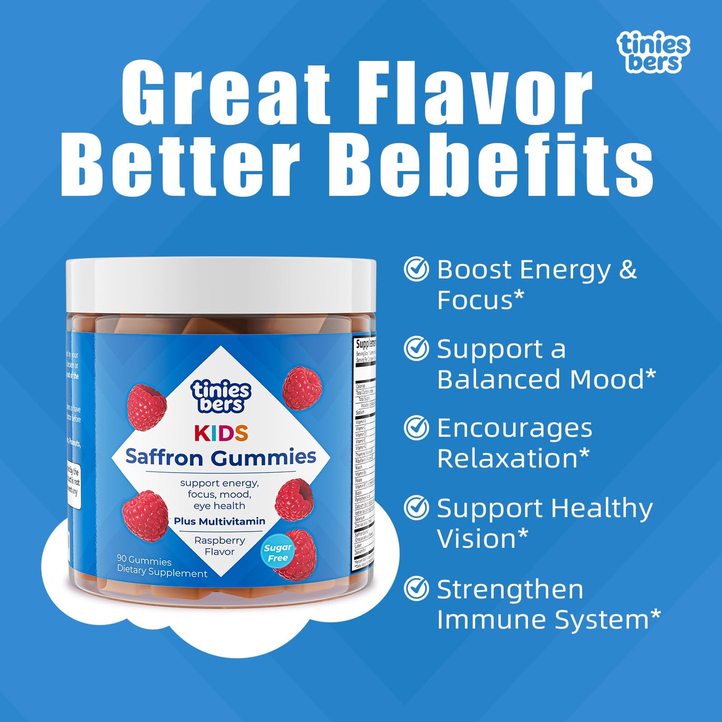 Tinies bers Saffron Gummies for Kids with Multivitamins and Methyl Vitamin B12 for Focus, Mood Balance, Boost Energy, Support Vision Health, Daily Support, Vegan, Sugar Free, Pectin, Berry, 60 Gummies