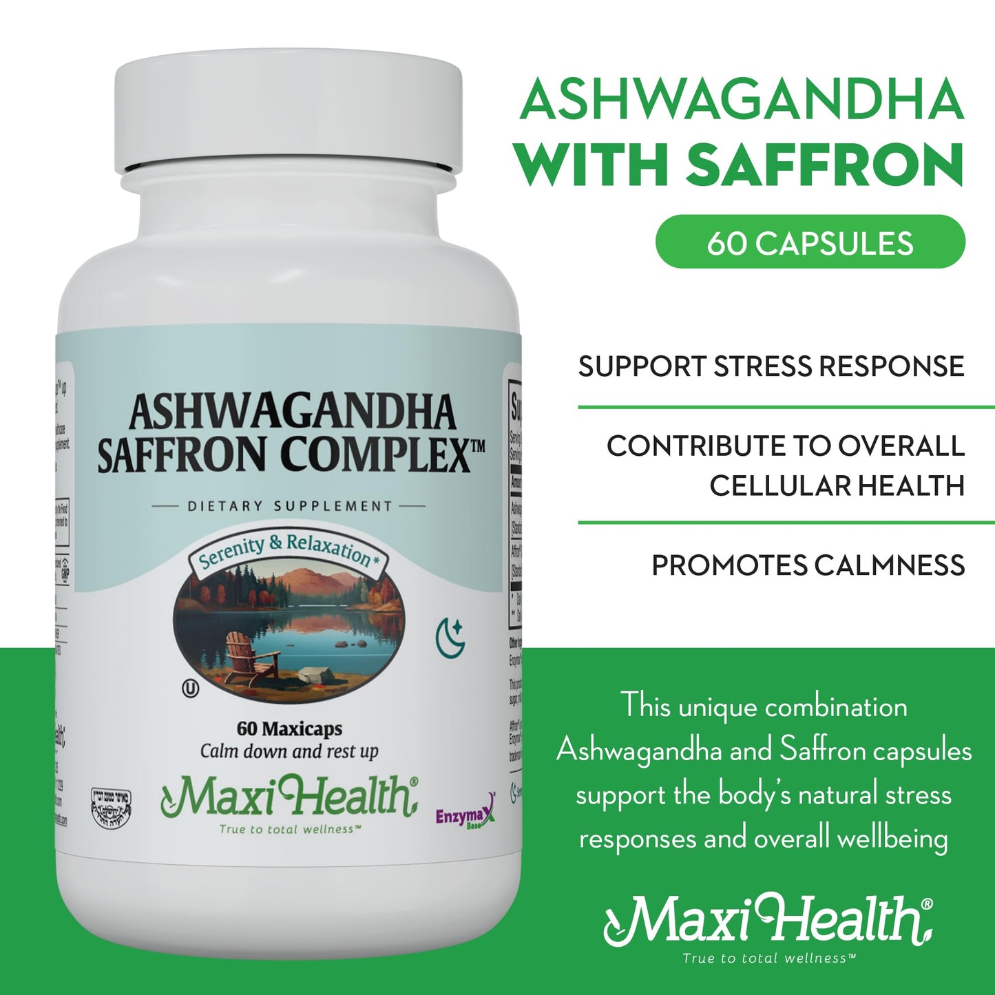 Maxi Health Ashwagandha Complex with Saffron Capsules – 600mg Ashwagandha, 30mg Saffron Extract for Stress Relief, Mood & Calm – Kosher, 60 Capsules