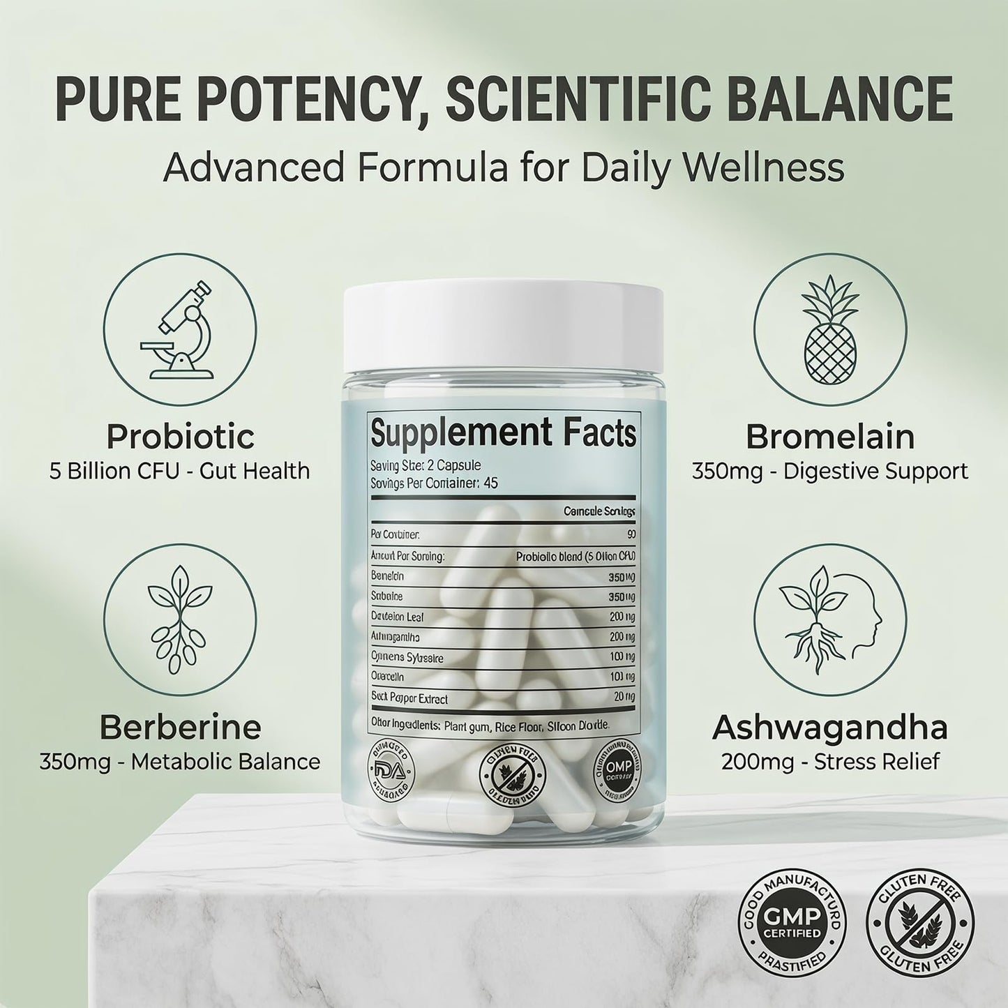 ULIKEATM Biofilm Probiotic Gut Health Capsules with Berberine, Digestive Balance & Metabolism Support for Women, Gluten-Free, Vegan, Non-GMO, 90 Capsules