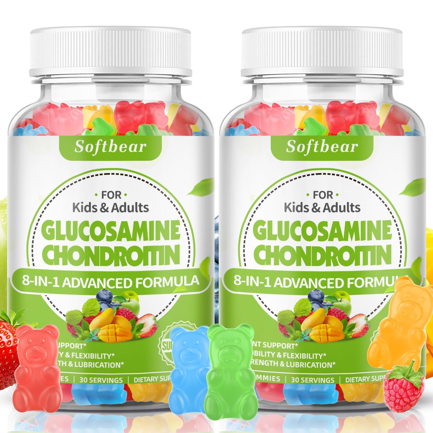 softbear Glucosamine Chondroitin Gummies with MSM, Triple Strength, Organic Vegan Mixed Fruit Flavor, 120 Gummies