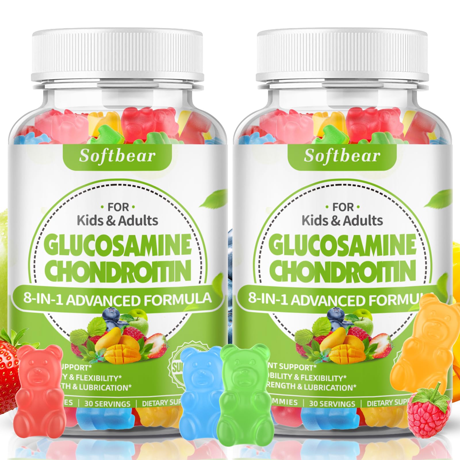 softbear Glucosamine Chondroitin Gummies with MSM, Triple Strength, Organic Vegan Mixed Fruit Flavor, 120 Gummies