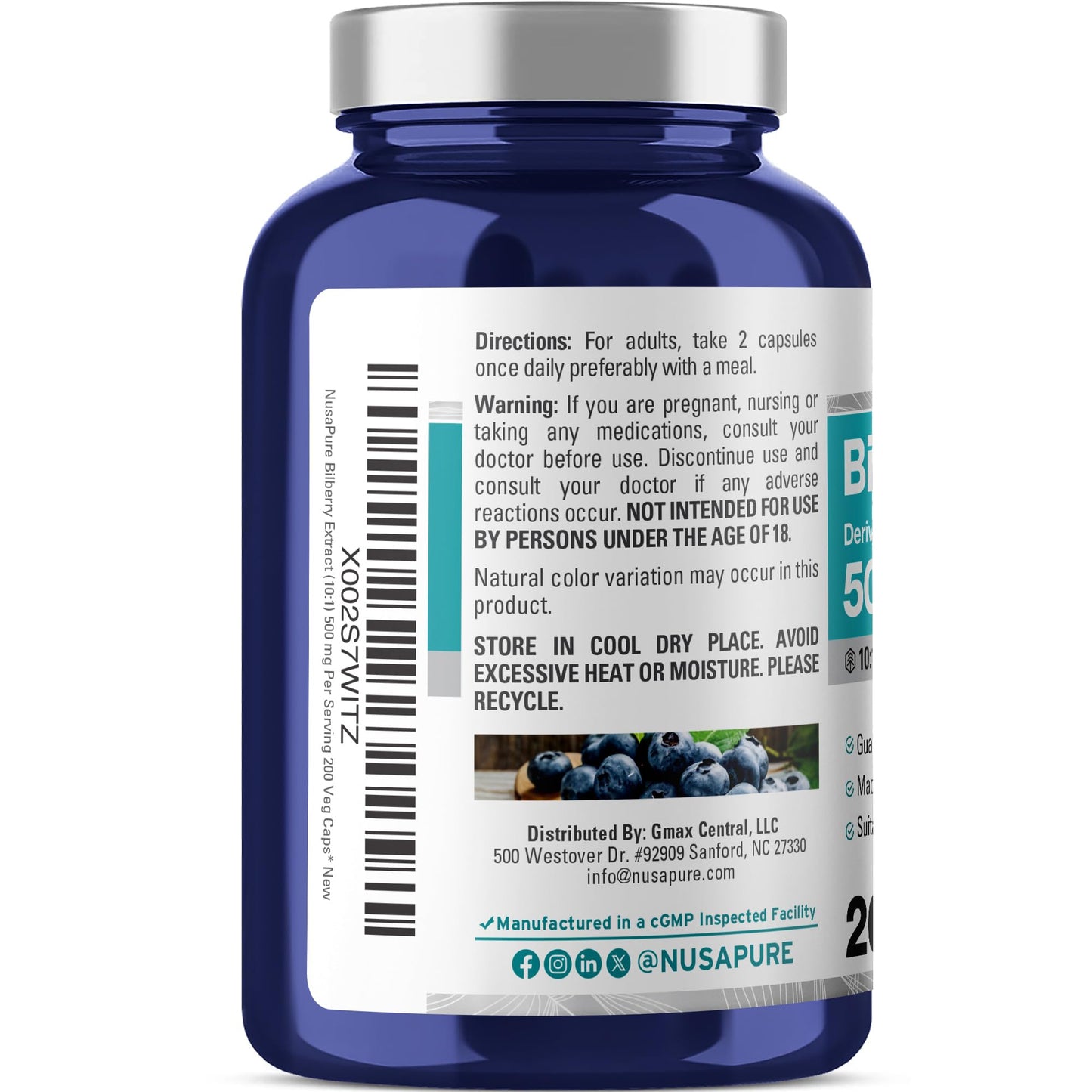 NusaPure Bilberry 500 mg Capsules, 200 Count