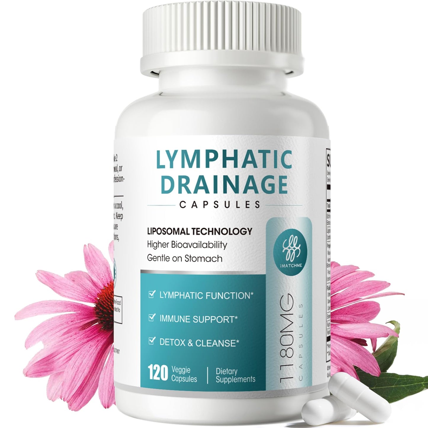 iMATCHME Lymphatic Drainage Supplements for Lymph System Support, Detox & Cleanse, Liver Health, Fluid Balance, Immune Support, Natural Herbal Blends with Echinacea, Liposomal Glutathione, 120 Capsules
