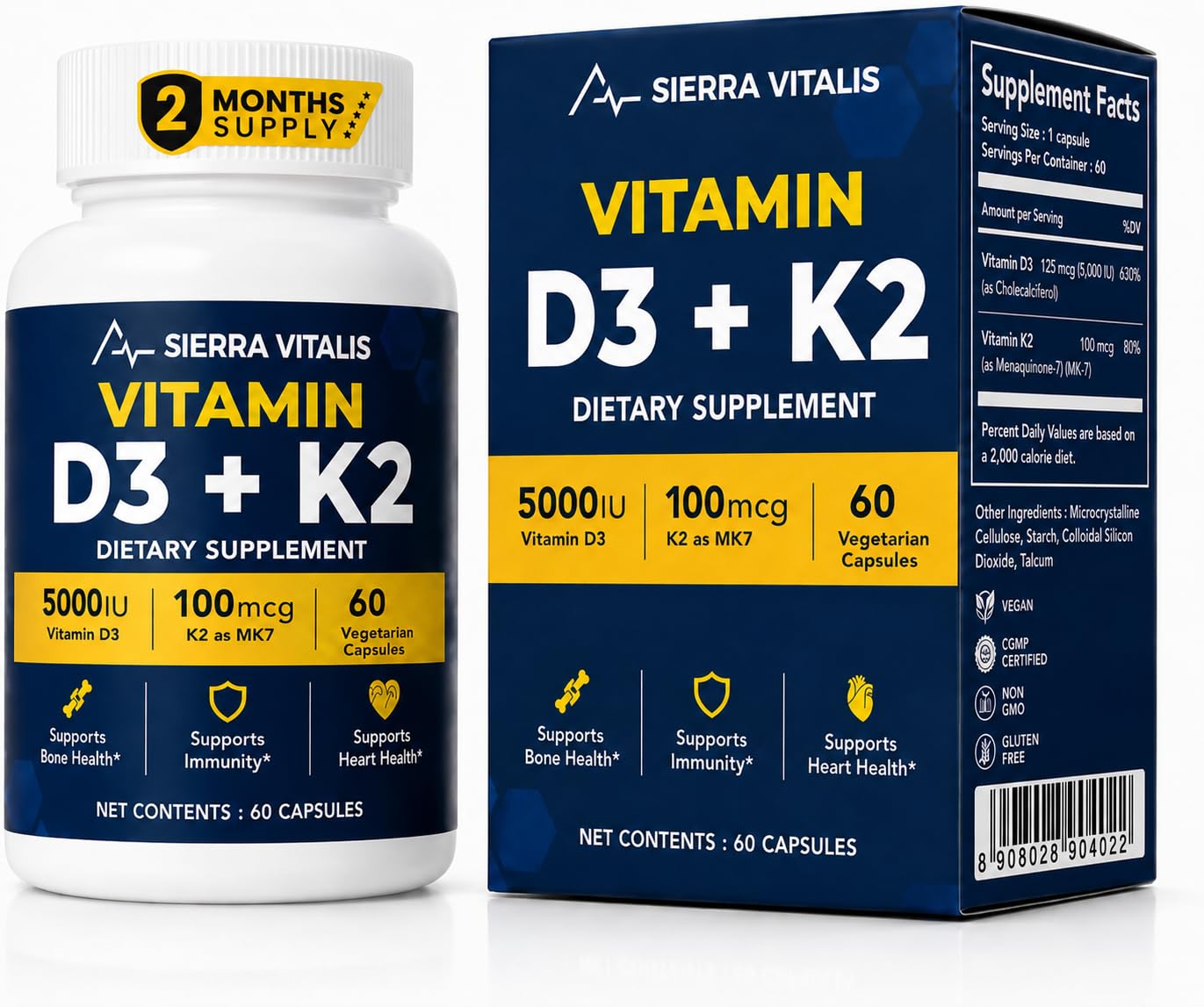 SIERRA VITALIS Vitamin D3 K2 5000 IU + MK-7 100 mcg Capsules, 60 Count