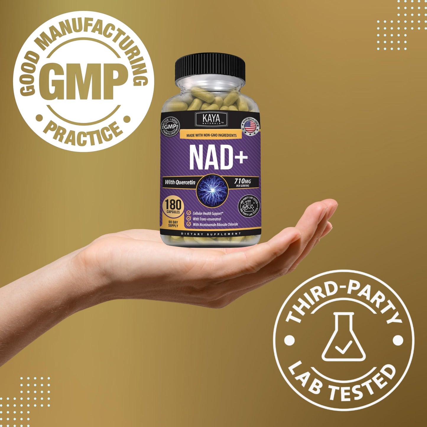 Kaya Naturals NAD+ with Trans-Resveratrol 710mg per Serving Capsule, 180 Count