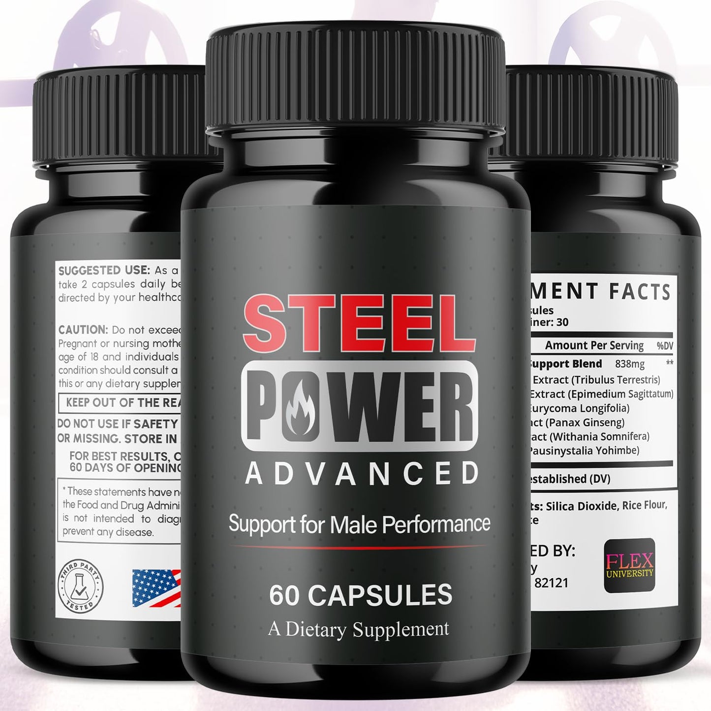 Flex University SteelPower Maximum Strength Men's Health and Wellness Support Multivitamin Capsules, 60 Capsules