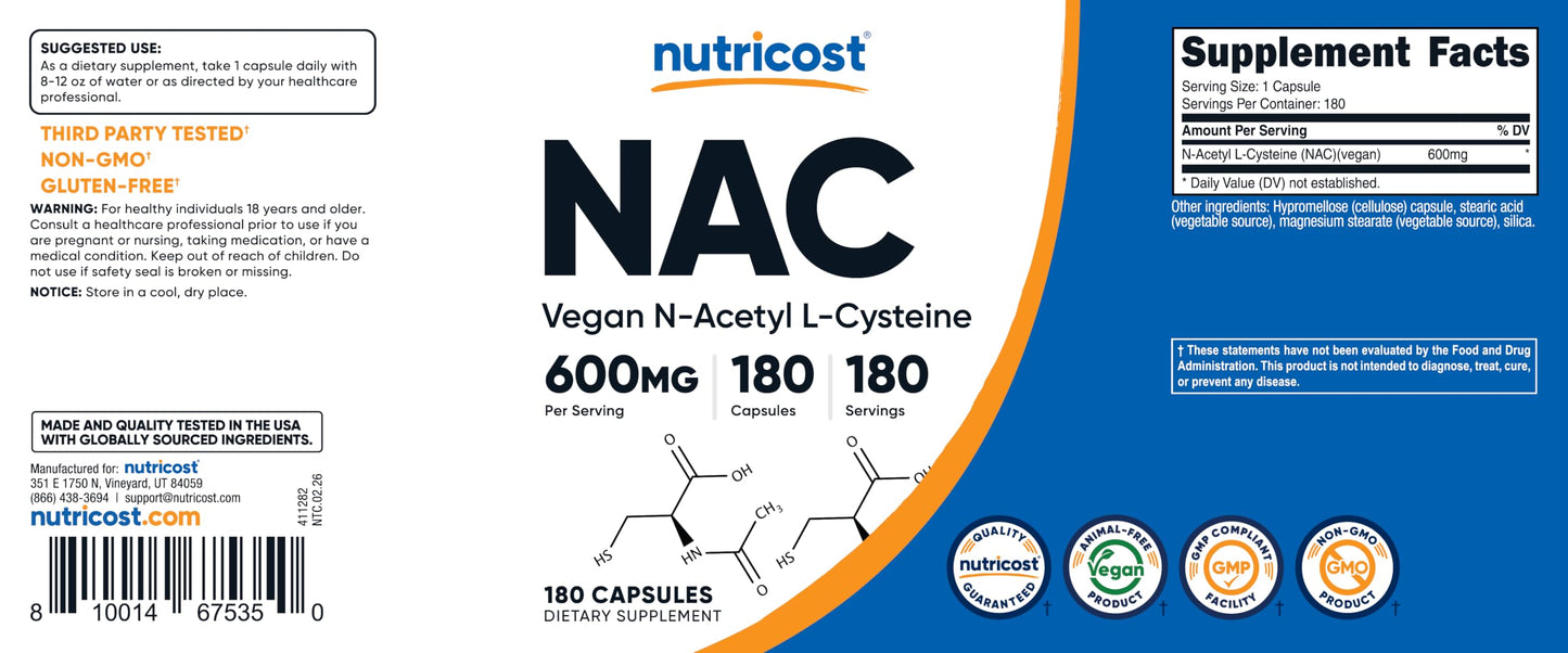 Nutricost N-Acetyl L-Cysteine (NAC) 600mg, 360 Capsules