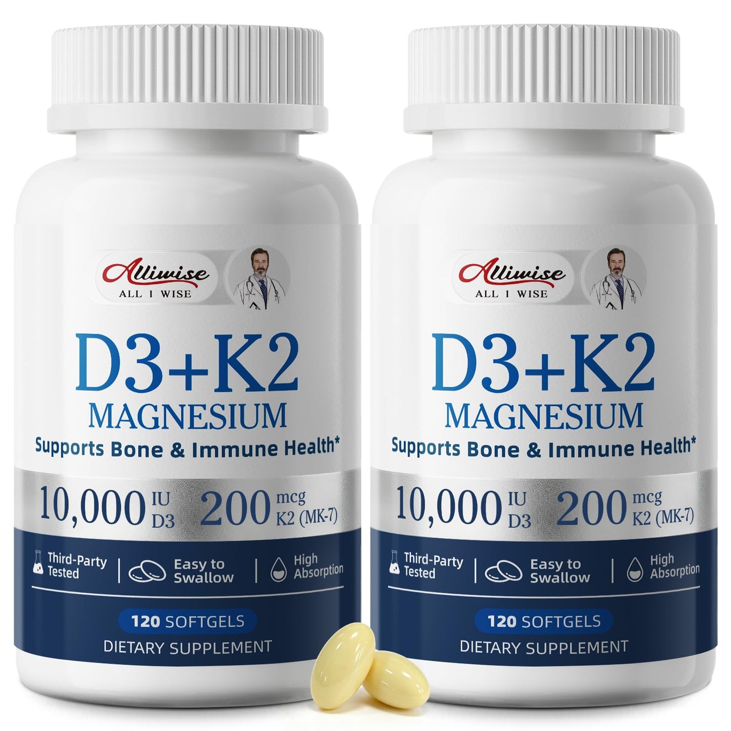Alliwise D3 K2 Vitamin 10000 IU with Magnesium Complex Softgels, 240 Count