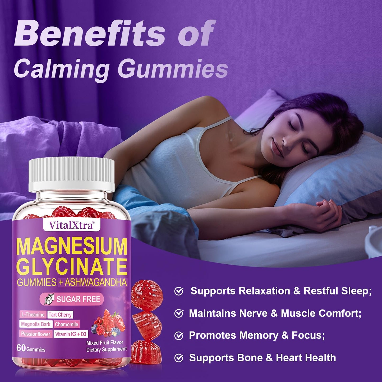 VitalXtra Sugar-Free Magnesium Glycinate Gummies 60 Count