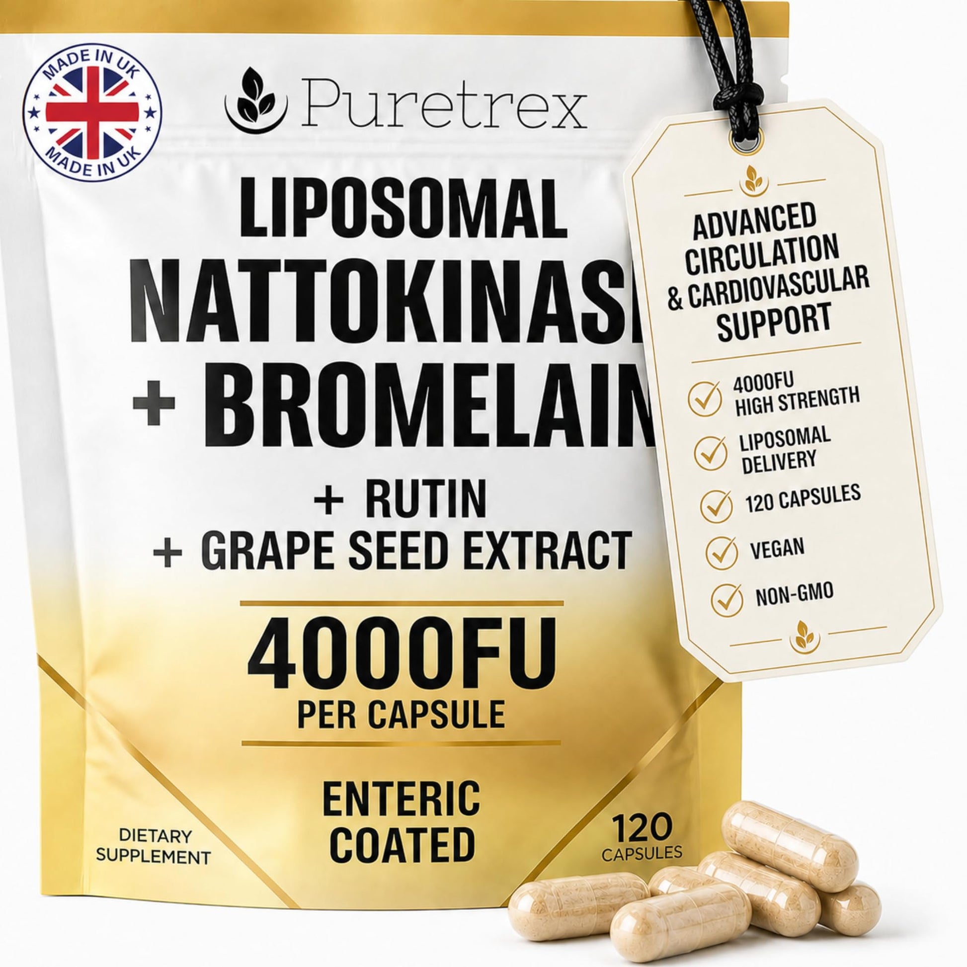 PURETREX Nattokinase Supplement 4000 FU Liposomal Enteric Coated Capsules, 120 Count